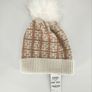 INC Pom Pom Beanie Ivory/Brown One Size